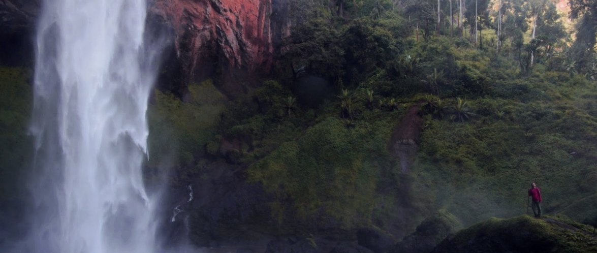 person standing in front of lush mountain with waterfall